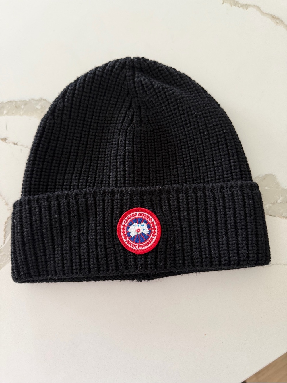 Canada Goose Black Ribbed Beanie with Red Logo Patch